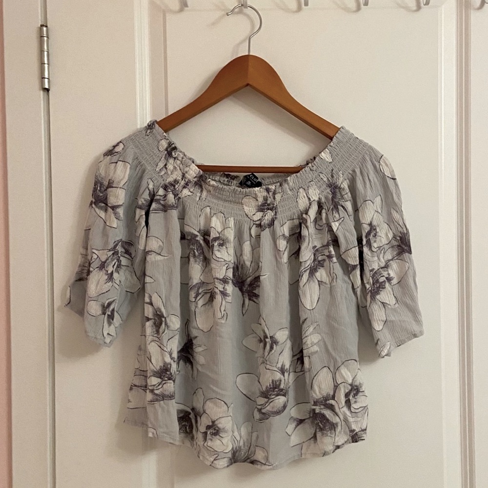vintage cinched off the shoulder chiffon flower blouse